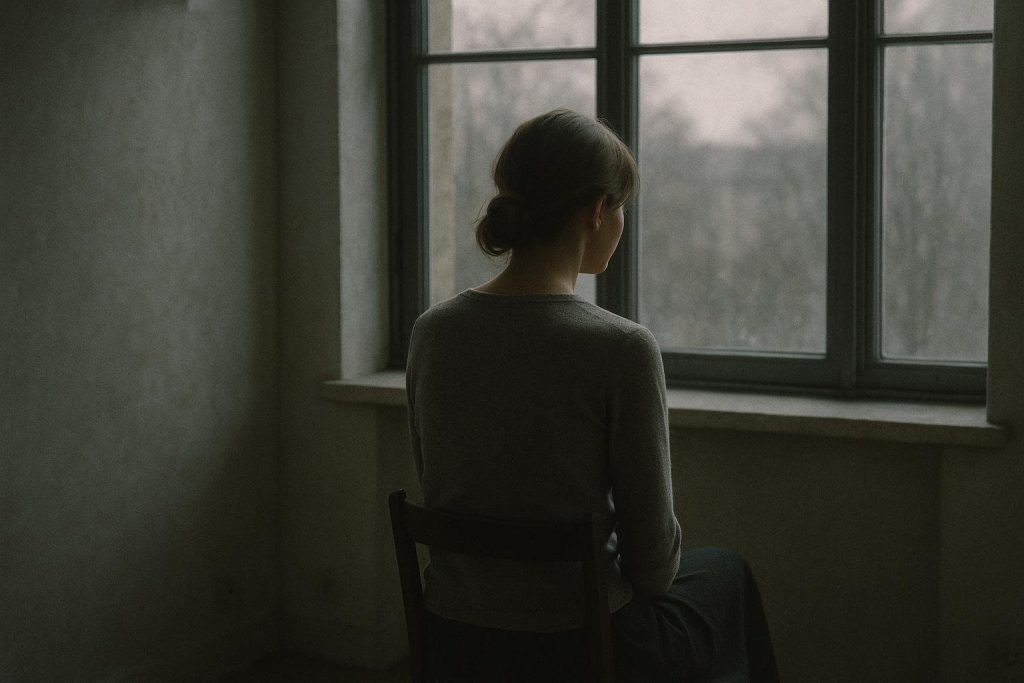 A woman sitting alone by a window in soft muted light, reflecting quietly on intimacy and connection in her marriage.