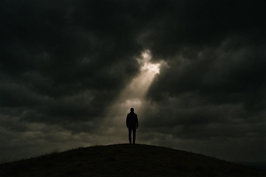 A lone figure on a windswept hill beneath dark storm clouds, with a single shaft of light breaking through.