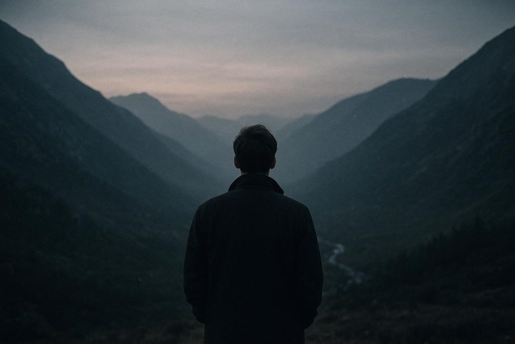 A person standing before a vast misty mountain valley at dawn, contemplating meaning and purpose.