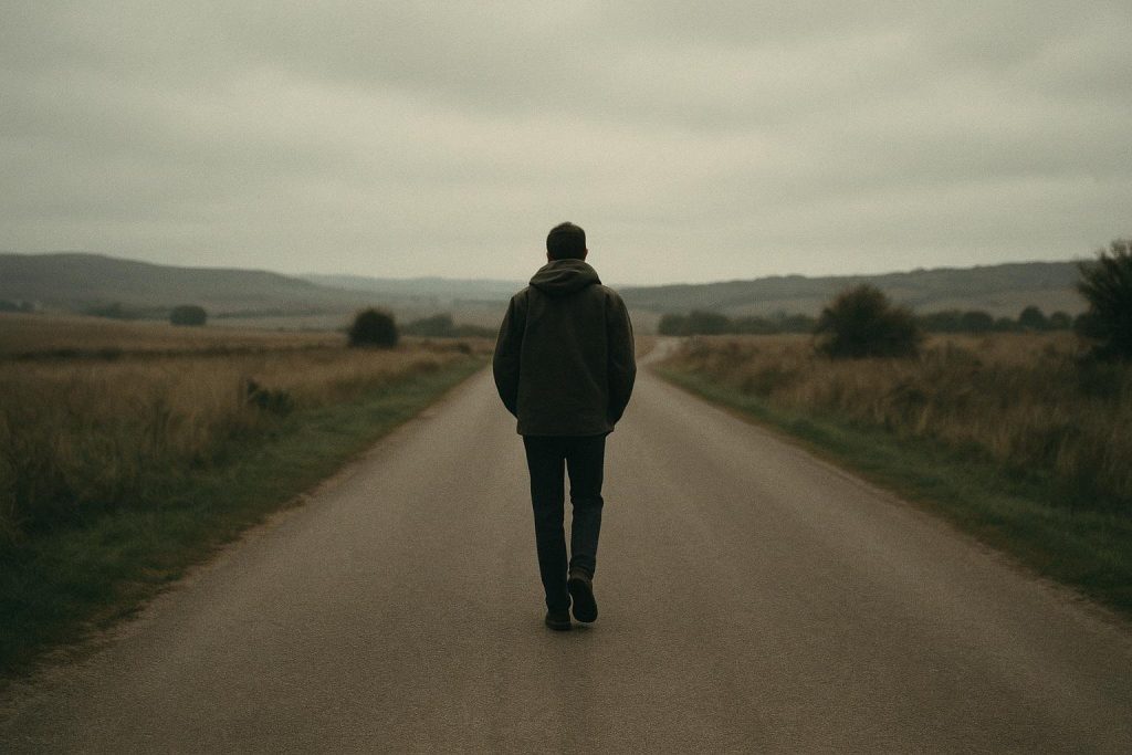 A solitary figure walking down a quiet open country road under a soft overcast sky.