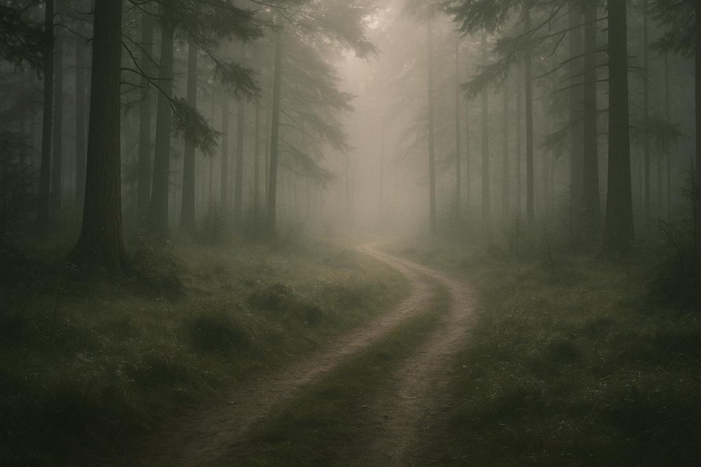A misty forest with a winding path in soft morning light, evoking quiet everyday spirituality.